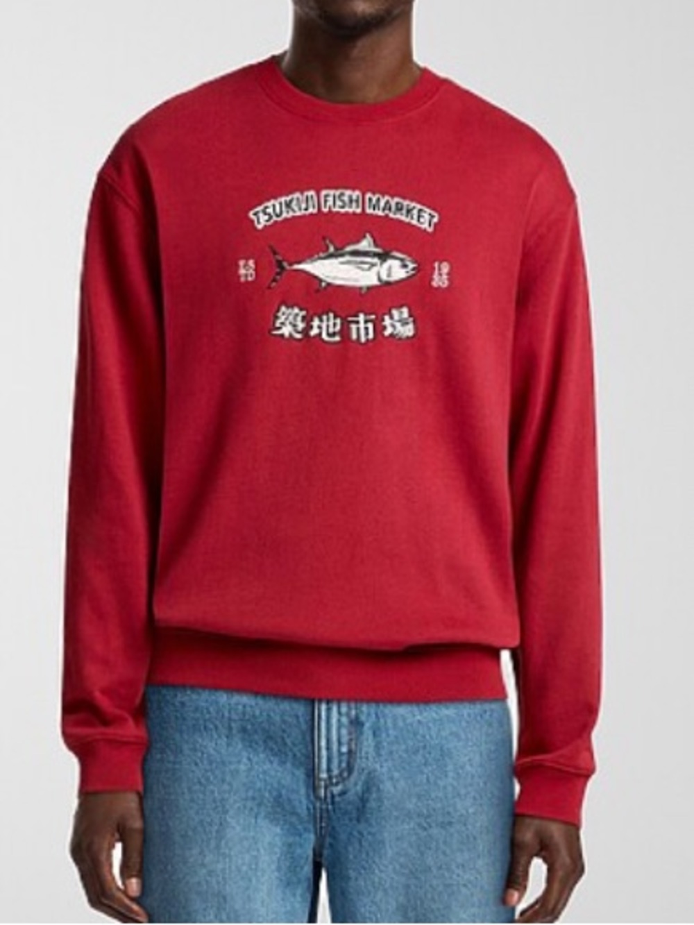Red Crewneck Sweater with Fish Market Graphic